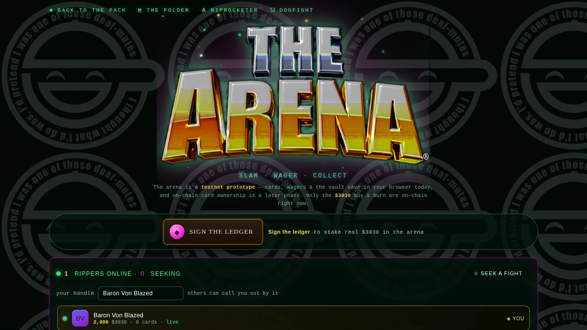 THE ARENA: the wager bench, the stack you commit, and the rule printed on the page — the 33 are not in this room.
