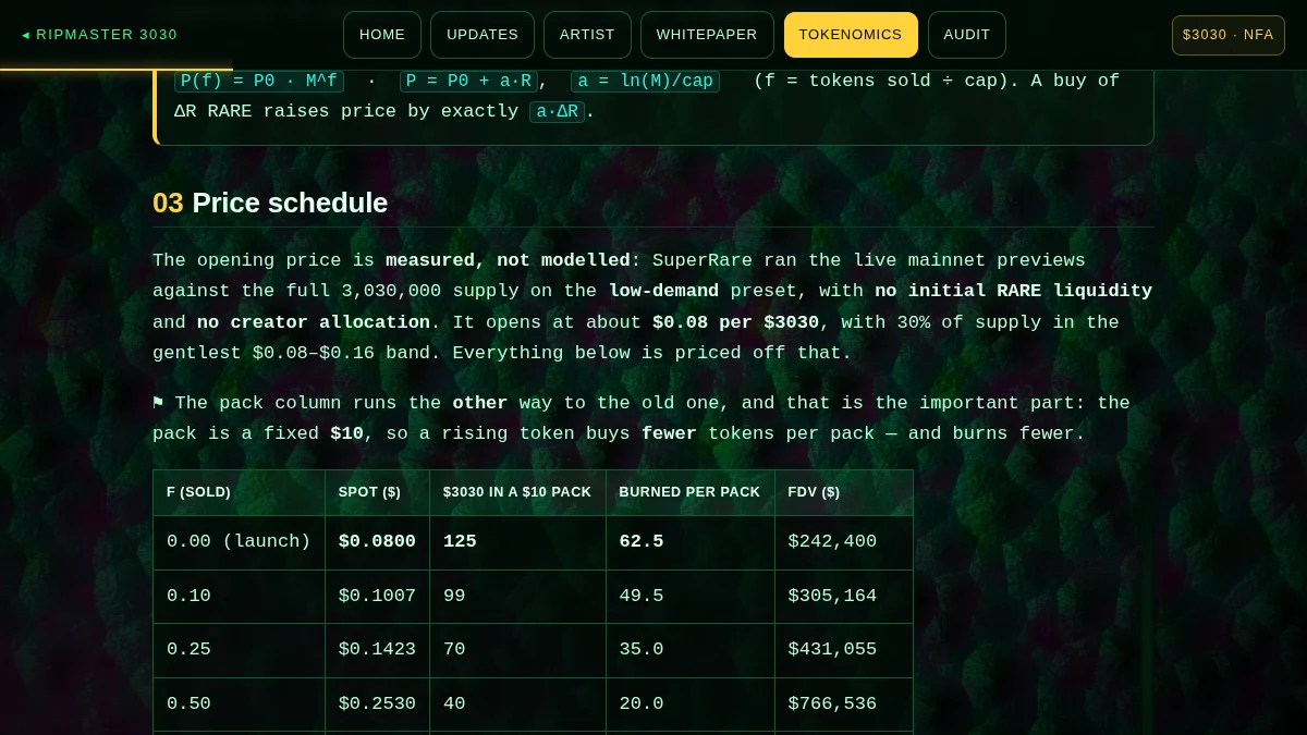 The tokenomics page: the pack ladder and where the money goes.